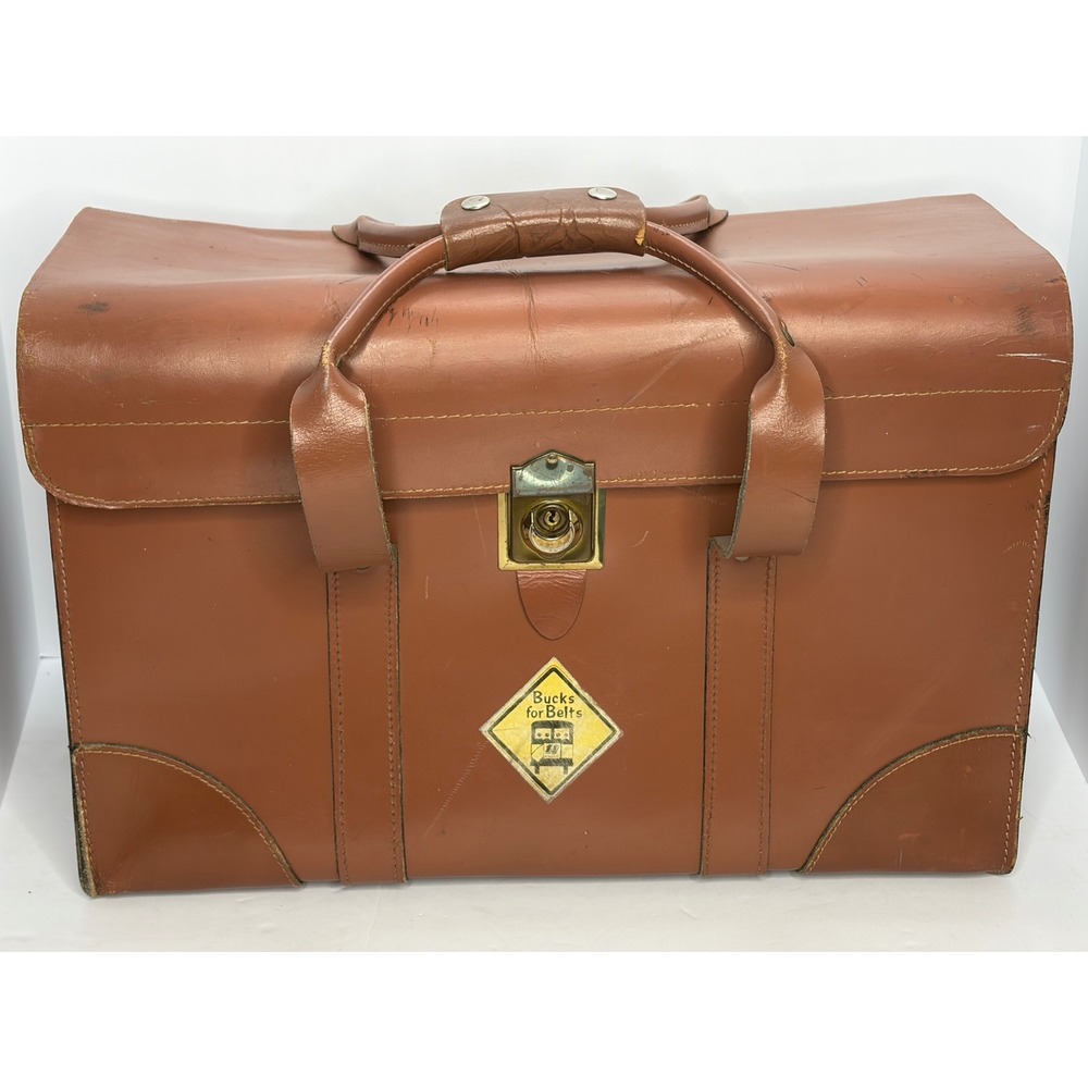 Vintage Brown Leather Briefcase Attache Case Brass Lock Bucks for Belts Decal
